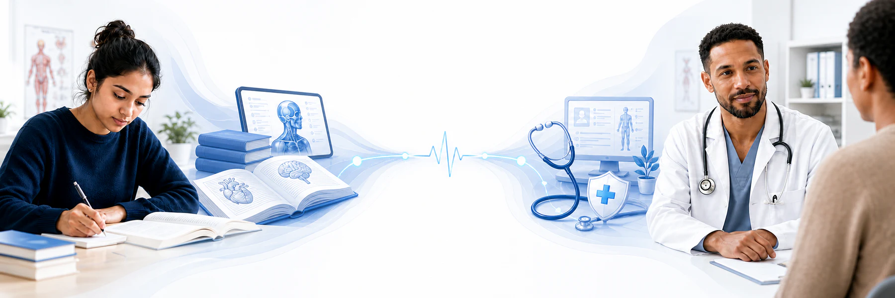A medical student learning on the left and a physician meeting a patient on the right, connected by a calm clinical pathway